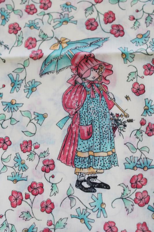 photo of signed Holly Hobbie vintage fabric, poly cotton pink blue little girls print #4