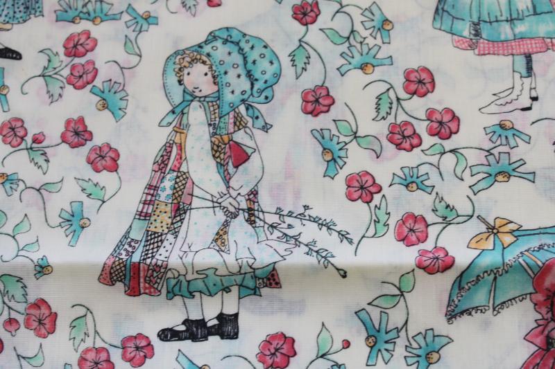 photo of signed Holly Hobbie vintage fabric, poly cotton pink blue little girls print #5