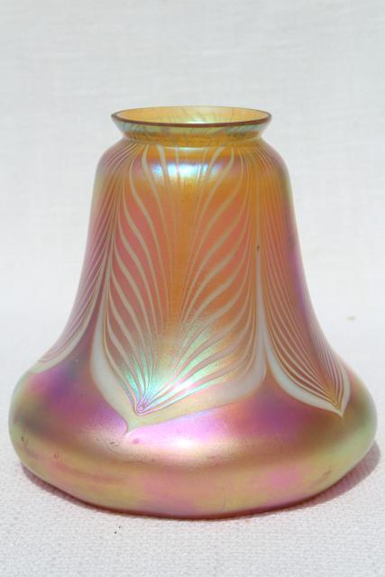 photo of signed Steuben antique vintage art glass bell shade, gold aurene pulled feather pattern #1