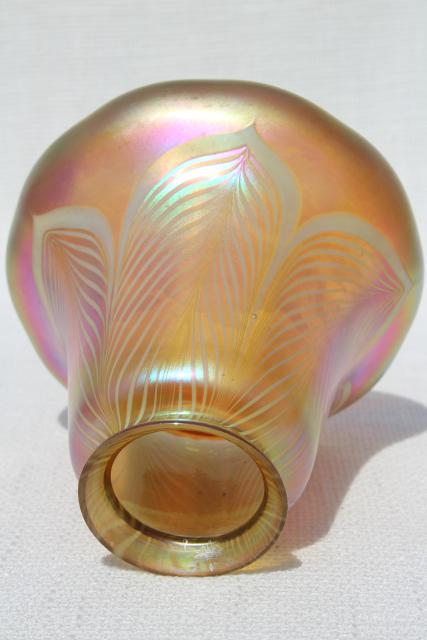 photo of signed Steuben antique vintage art glass bell shade, gold aurene pulled feather pattern #6