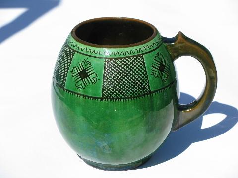 photo of signed art pottery, vintage sgraffito jug or stein, incised brown/green pattern #1