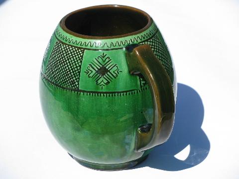 photo of signed art pottery, vintage sgraffito jug or stein, incised brown/green pattern #2