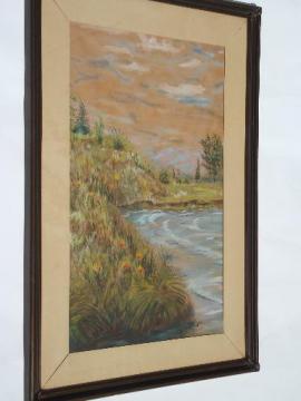 catalog photo of signed dated 40s vintage watercolor or chalk pastel original art, lake scene