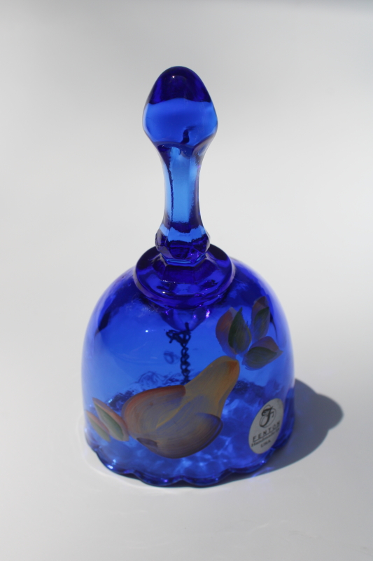 photo of signed hand painted Fenton glass bell w/ label, cobalt blue glass bell #1