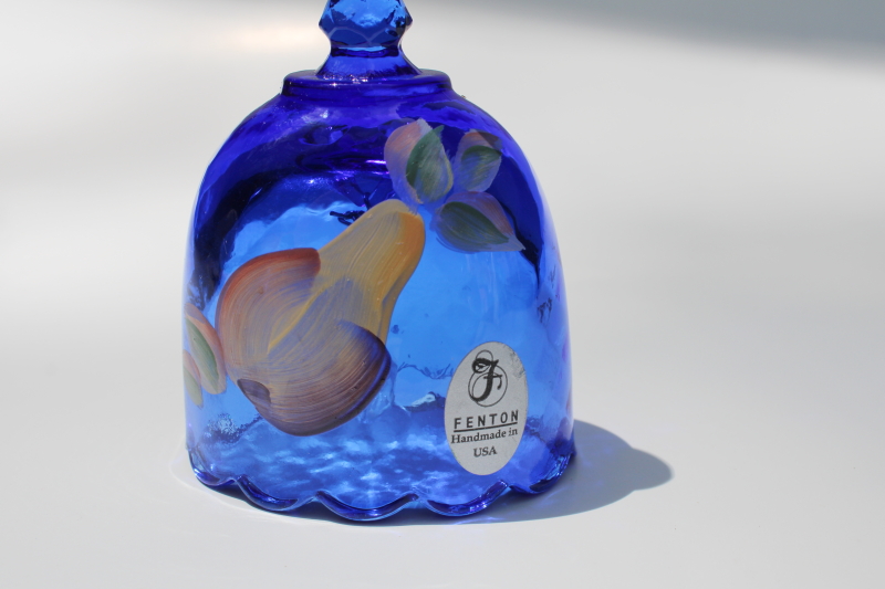 photo of signed hand painted Fenton glass bell w/ label, cobalt blue glass bell #2