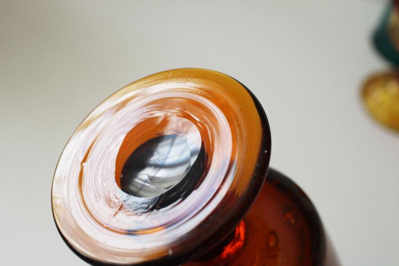 photo of signed numbered hand blown glass vase or candle holder, dark amber glass w/ bubbles #3