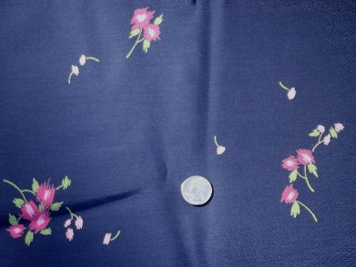 photo of silky vintage rayon or poly dress fabric, rose scribble on navy blue #2