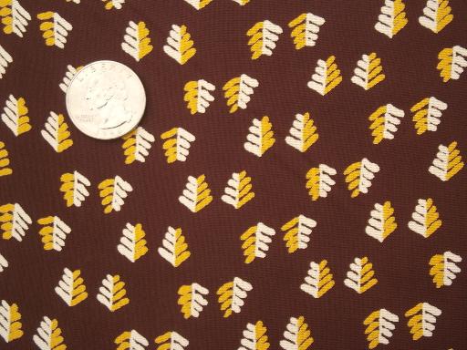 photo of silky vintage rayon or poly fabric, yellow & cream leaf print on brown #1