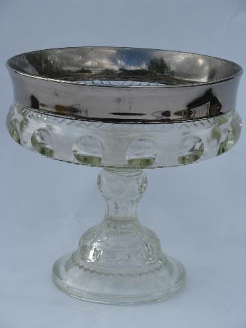 photo of silver band King's Crown thumbprint pattern glass compote, vintage Indiana glass #1