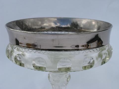 photo of silver band King's Crown thumbprint pattern glass compote, vintage Indiana glass #2