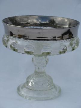 catalog photo of silver band King's Crown thumbprint pattern glass compote, vintage Indiana glass