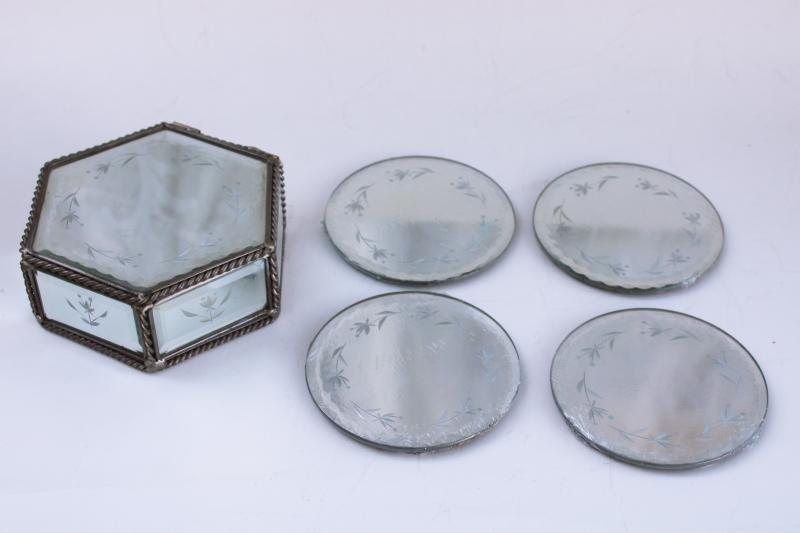 photo of silver mirror glass drink coasters in matching box, holiday season barware  #1