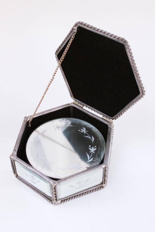 photo of silver mirror glass drink coasters in matching box, holiday season barware  #5