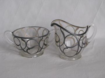 catalog photo of silver overlay deposit glass, vintage cream pitcher and sugar bowl