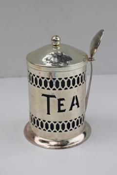catalog photo of silver plated TEA canister jar w/ spoon holder, cobalt blue plastic glass inside