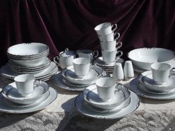 catalog photo of silver scrolls white porcelain dishes for 8, Style House Embassy china