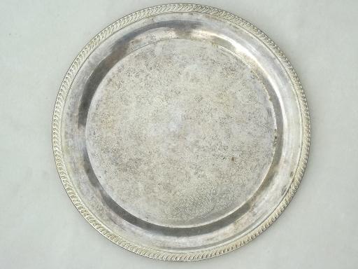 photo of silvery vintage trays lot, tarnished silver plate trays, mirror tray etc. #5