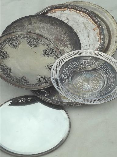 photo of silvery vintage trays lot, tarnished silver plate trays, mirror tray etc. #9