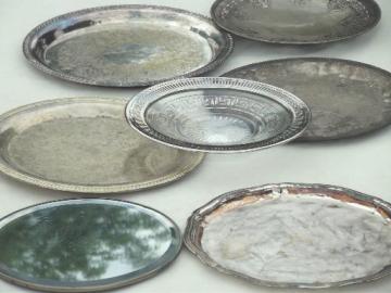 catalog photo of silvery vintage trays lot, tarnished silver plate trays, mirror tray etc.