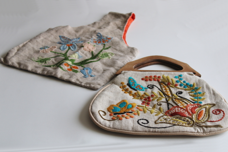 photo of simple flax linen handbags w/ crewel wool embroidery, 70s vintage boho handcrafted lagenlook #1