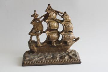 catalog photo of single cast iron book end or door stop, HMS Victory sailing ship vintage nautical decor 