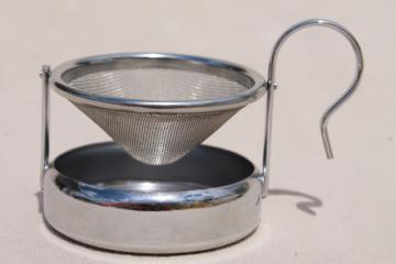 catalog photo of single cup tea strainer, unusual gadget made in Germany metal sieve w/ pivot