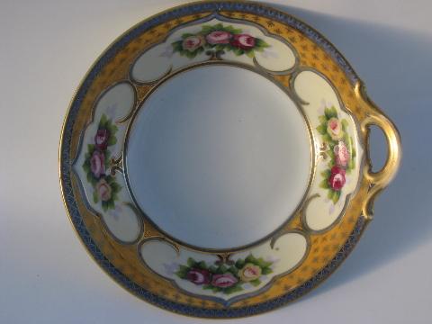 photo of single handled serving bowl, Noritake painted roses on blue and mustard gold #1
