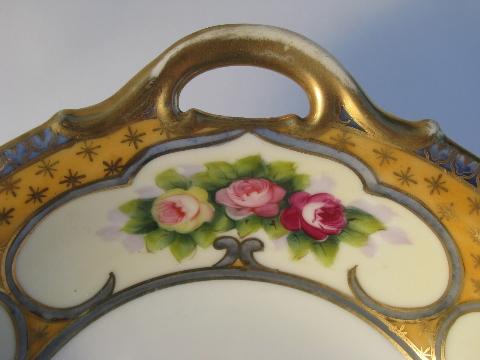 photo of single handled serving bowl, Noritake painted roses on blue and mustard gold #3