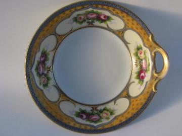 catalog photo of single handled serving bowl, Noritake painted roses on blue and mustard gold
