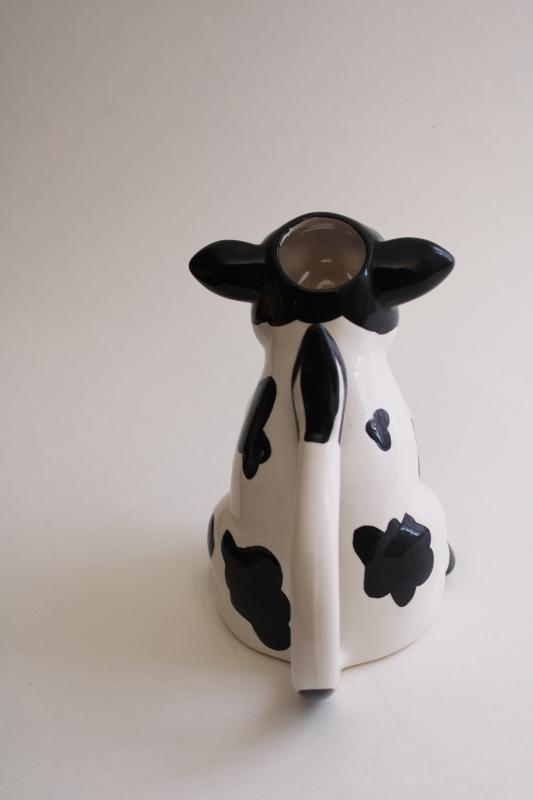 photo of sitting holstein cow creamer, black & white spotted cow pitcher 1980s vintage #2