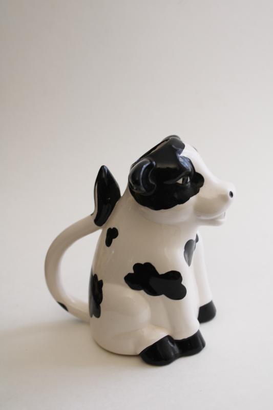 photo of sitting holstein cow creamer, black & white spotted cow pitcher 1980s vintage #4
