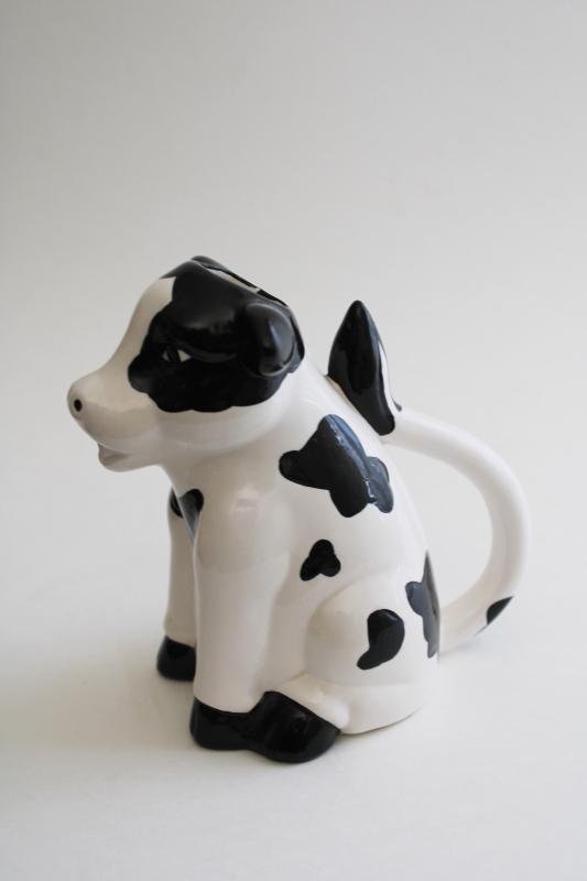 photo of sitting holstein cow creamer, black & white spotted cow pitcher 1980s vintage #6