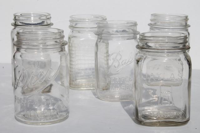 photo of six different vintage pint mason jars, mismatched canning jar drinking jars / party glasses #1