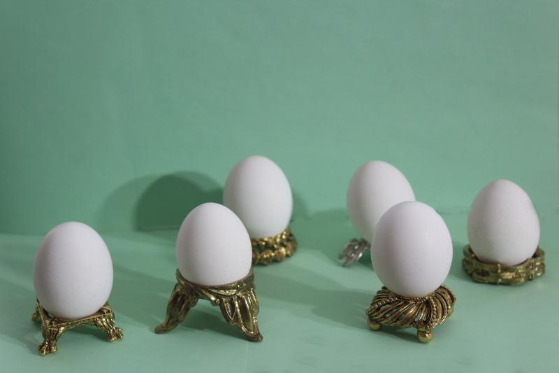 photo of six ornate metal egg holders, vintage ornamental stands for decorative eggs #1