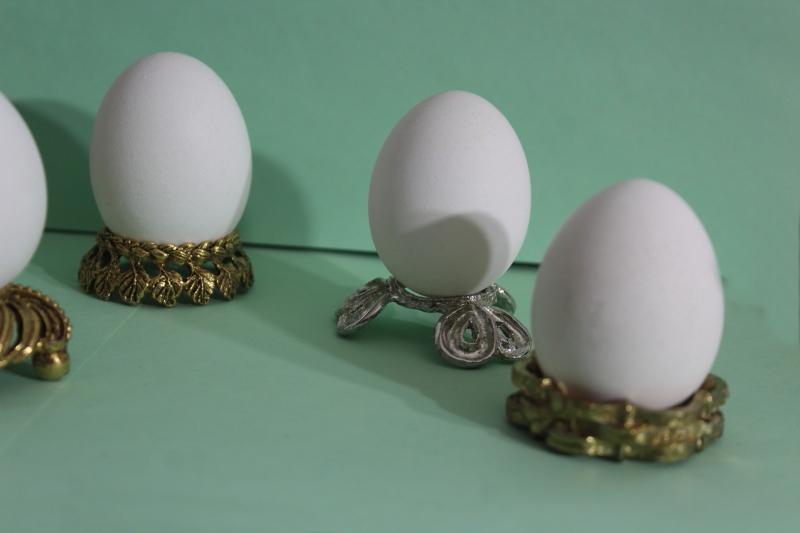 photo of six ornate metal egg holders, vintage ornamental stands for decorative eggs #4