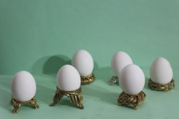 catalog photo of six ornate metal egg holders, vintage ornamental stands for decorative eggs