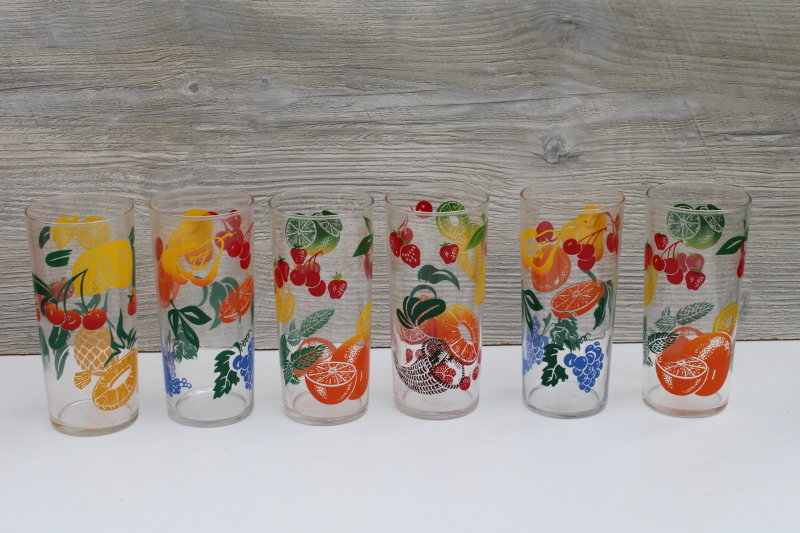 photo of six vintage Federal glass drinking glasses, large tumblers w/ colorful fruit prints #1