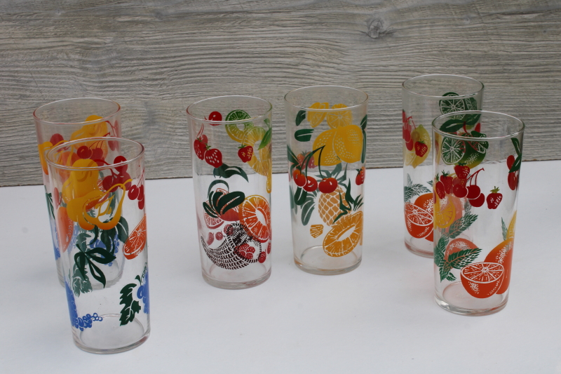 photo of six vintage Federal glass drinking glasses, large tumblers w/ colorful fruit prints #2