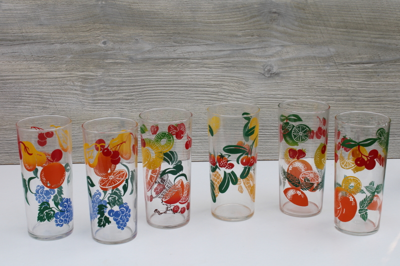 photo of six vintage Federal glass drinking glasses, large tumblers w/ colorful fruit prints #3