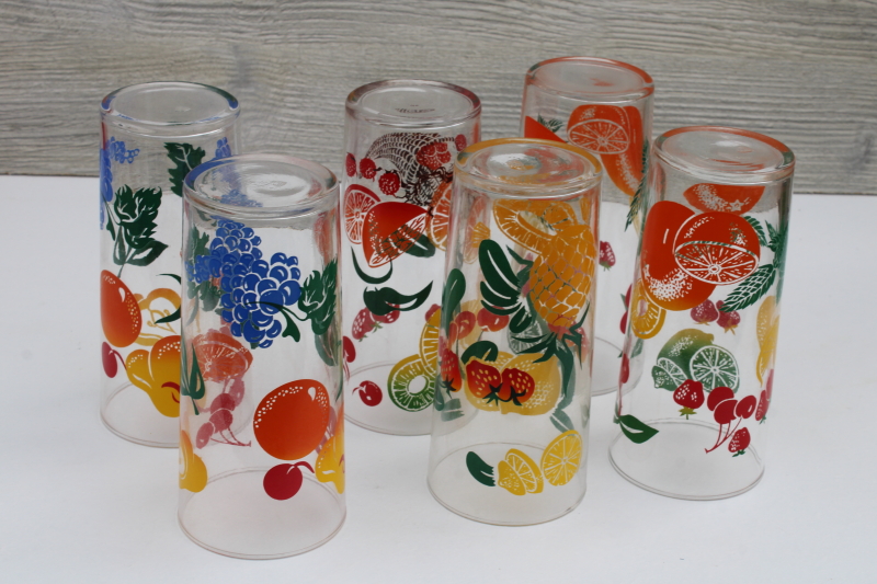 photo of six vintage Federal glass drinking glasses, large tumblers w/ colorful fruit prints #5