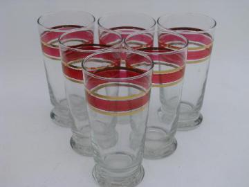 catalog photo of six vintage glasses, ruby stain flashed trim w/ gold