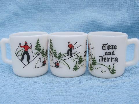 photo of skiers print 1950s-60s egg nog cups, milk glass Tom and Jerry mugs #2