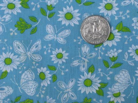 photo of sky blue w/ apple green & white buttefly print, 60s vintage cotton fabric #1