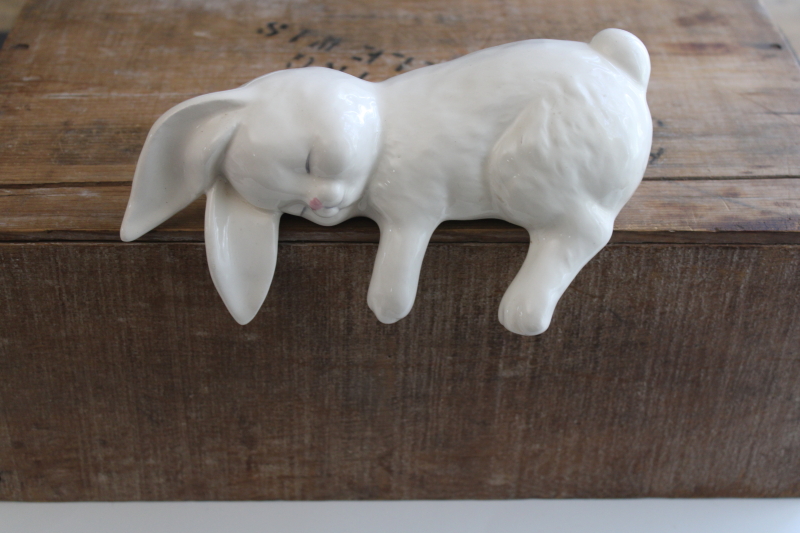 photo of sleepy bunny shelf sitter ceramic figurine, white rabbit for Easter or spring decor  #1