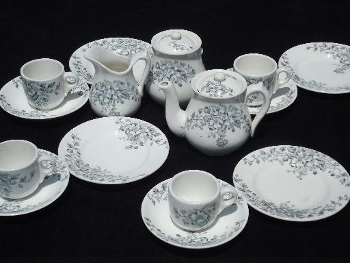 photo of small antique tea set, blue and white transferware china, Anchor mark #1