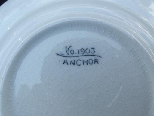 photo of small antique tea set, blue and white transferware china, Anchor mark #2