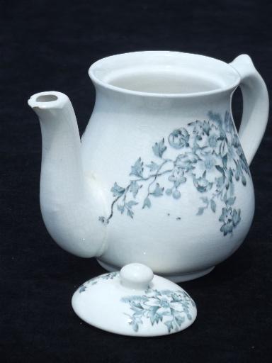 photo of small antique tea set, blue and white transferware china, Anchor mark #7