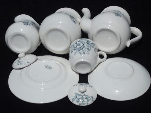 photo of small antique tea set, blue and white transferware china, Anchor mark #10