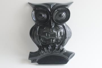 catalog photo of small black owl 70s vintage smoke acrylic plastic wall art plaque or Halloween decor 