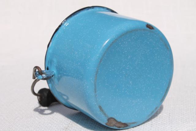 photo of small blue enamel ware bucket w/ wood wire bail handle, primitive vintage berry pail #7